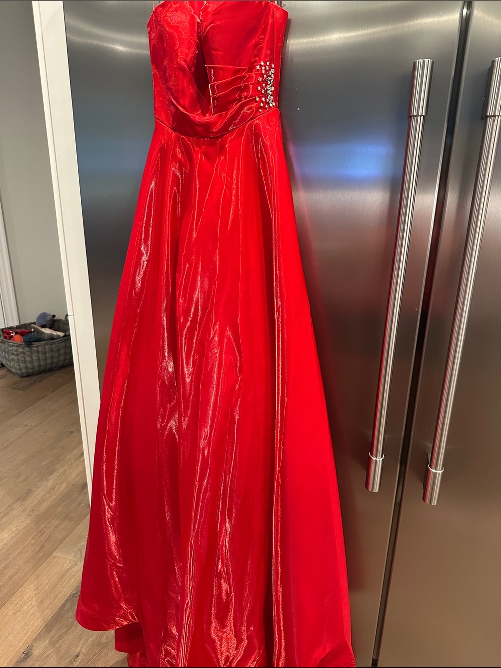Strapless Red Ballgown with Rhinestone Detail